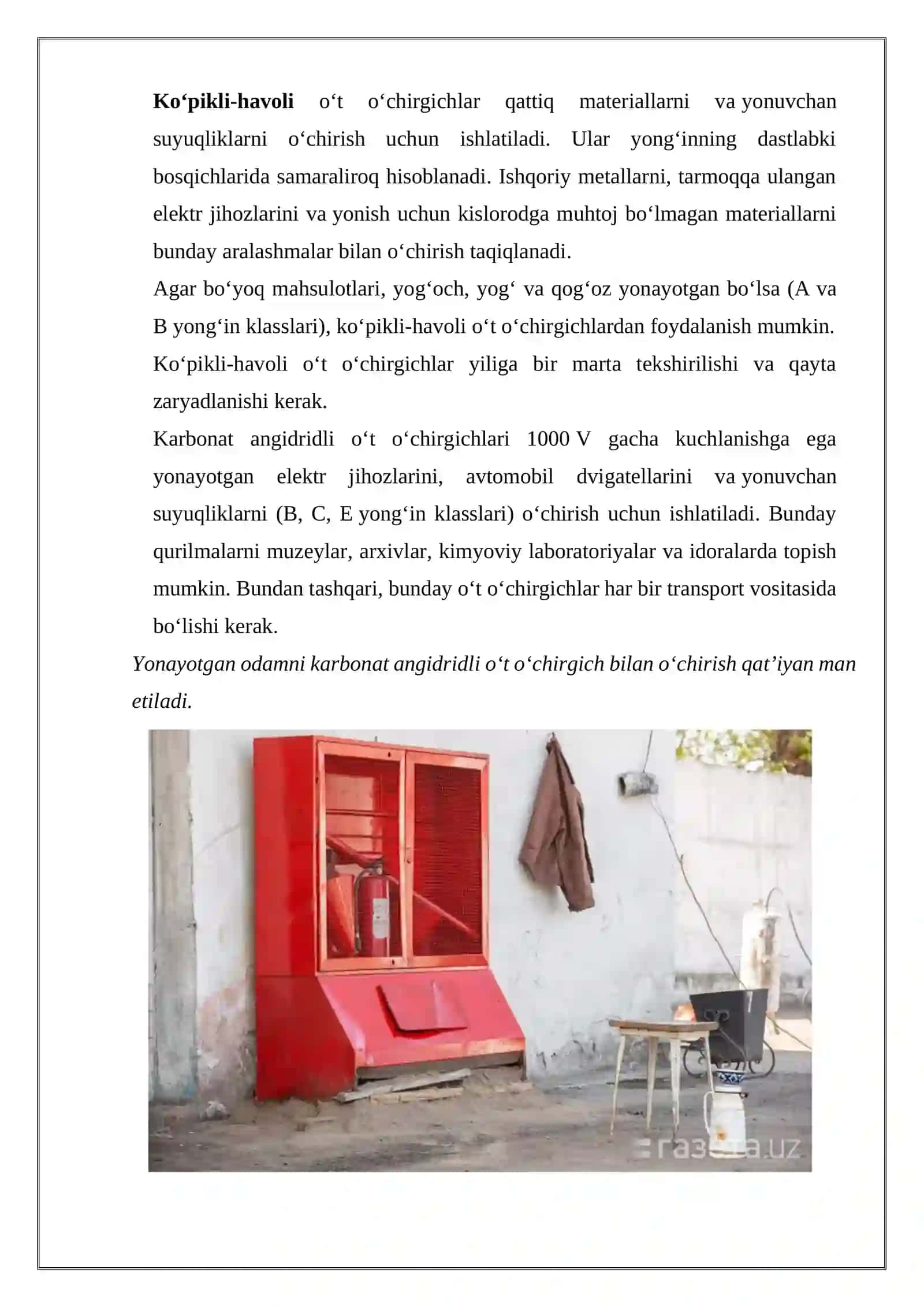 Kuchlanish ostida bo’lgan elektr uskuna sodir bo’lgan yong’ini ochirishda qo’llaniladigan vositalar 3