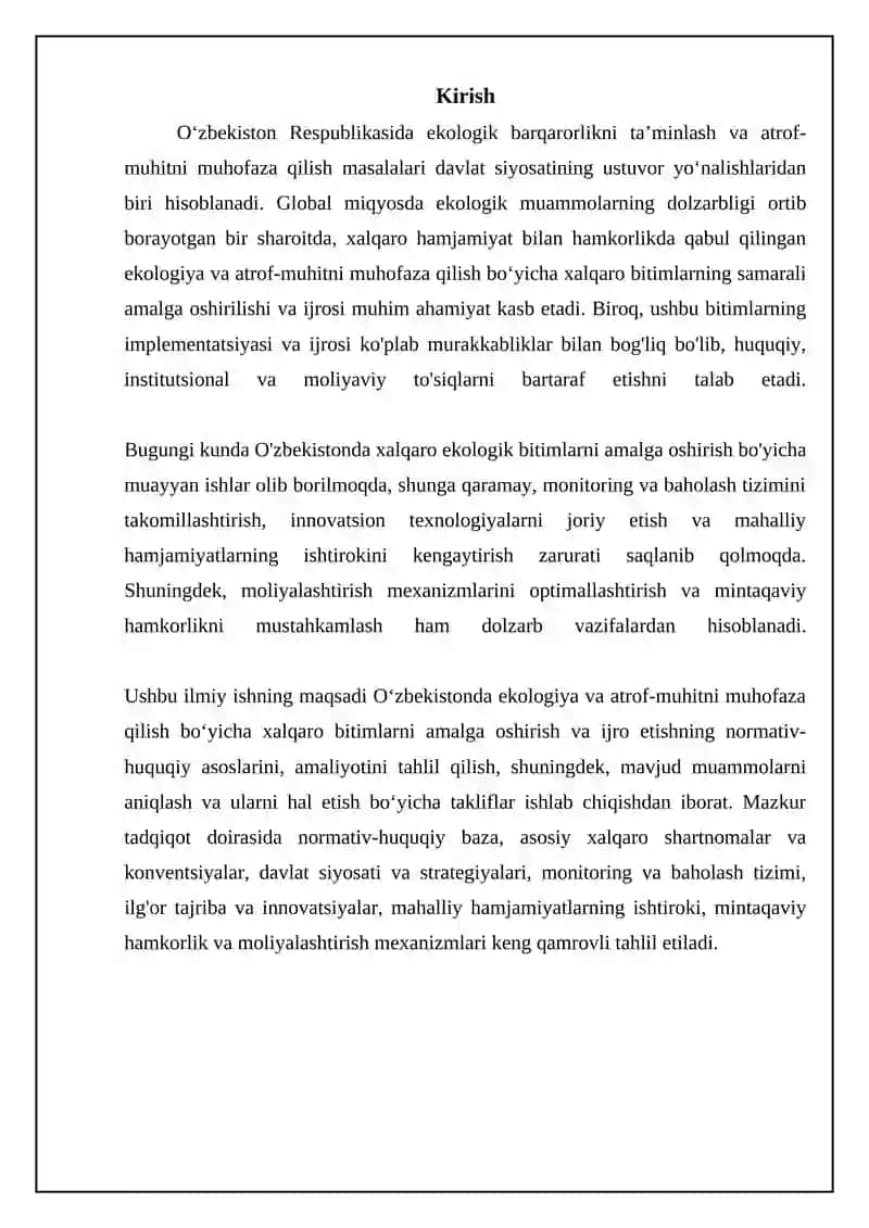 Mavzu: Ozbekistonda ekologiya va atrof-muhit muhofazasi oid xalqaro bitimlarni amal gilishi va bajarilishi 3