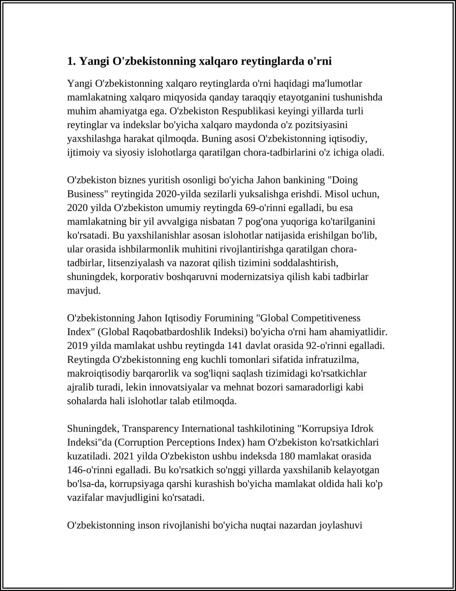 YANGI O'ZBEKISTON IJTIMOIY-SIYOSIY, IQTISODIY VA MADANIY HAYOTIDA RO'Y BERAYOTGAN O'ZGARISHLARNING XALQARO REYTING VA INDEKSLARDA AKS ETISHI 3