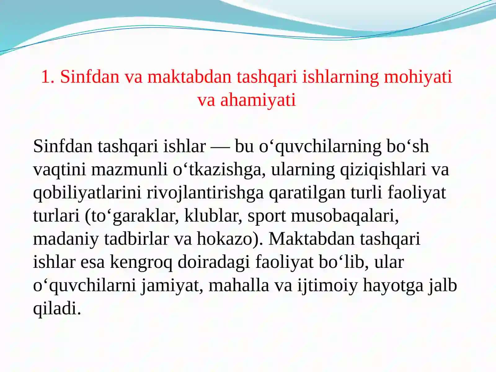 Sinfdan va maktabdan tashqari ishlarni tashkil qilishda tashkilotchi shaxsiga bo‘lgan talablar. Sinf faollarini aniqlash 3