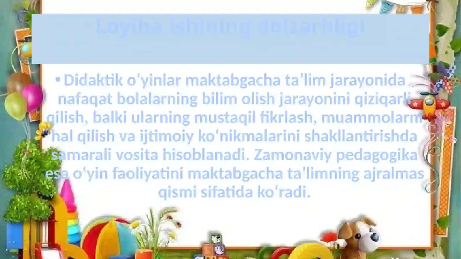 "Eng yaxshi o‘yin orqali ta’lim beruvchi" Nominatsiyasi bo‘yicha tayyorlagan LOYIHA TAQDIMOTI 3