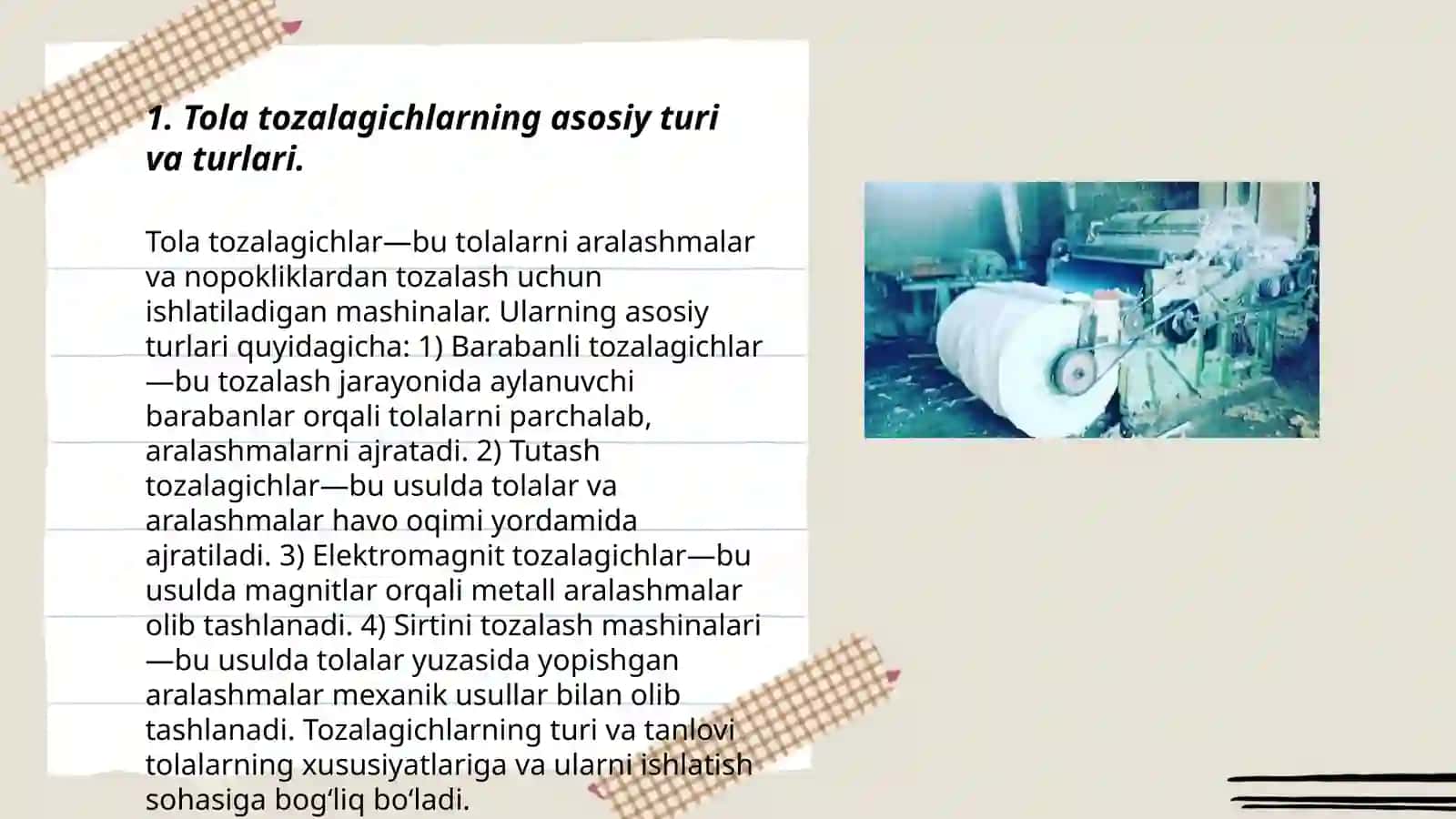 Tola tozalagichlarni ishlash prinsipi va tolaga taʼsirini oʻrganish 3