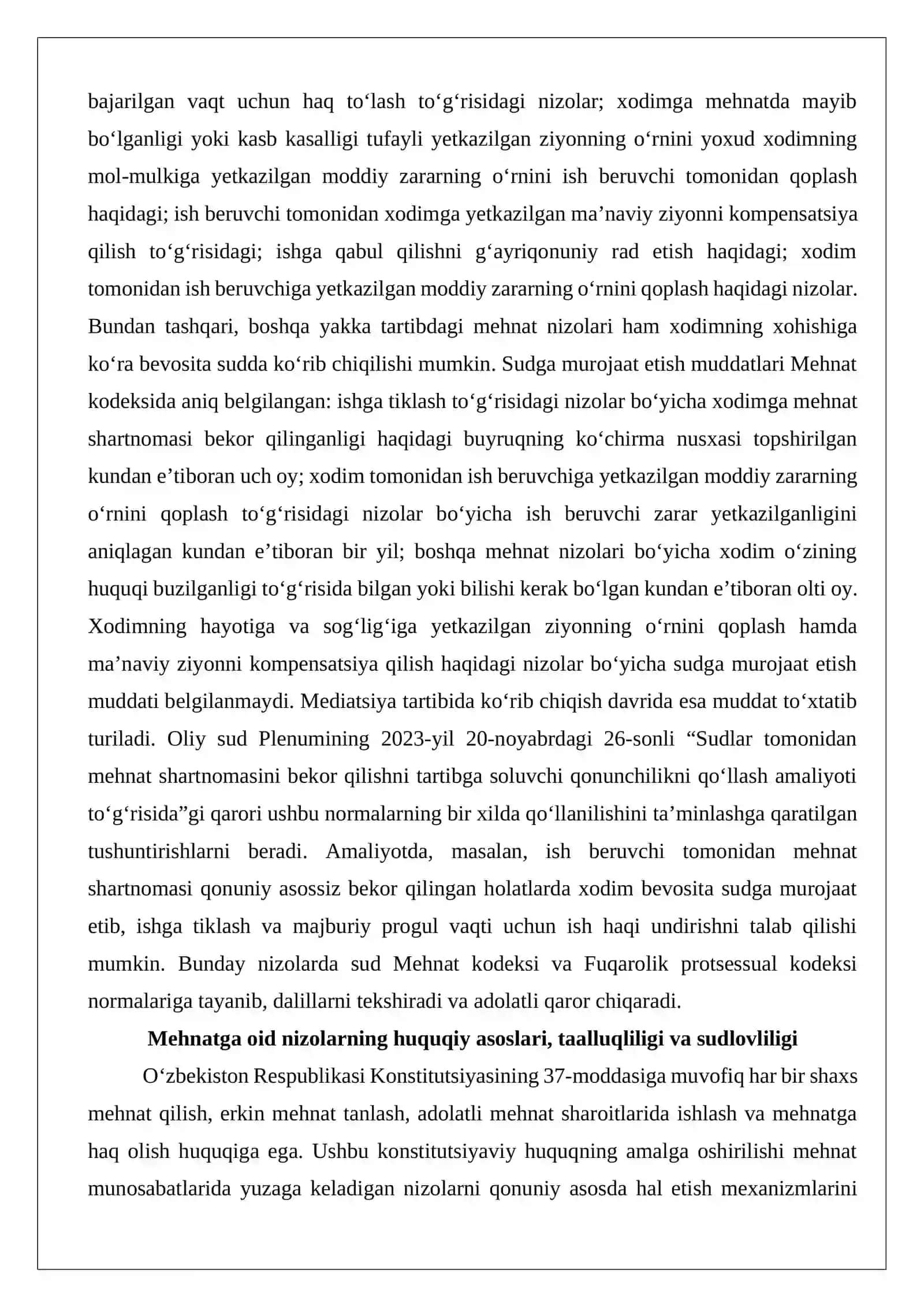 Mehnatga oid nizolarning taalluqliligi va sudlovliligi, sudda qo‘zg‘atish,tayyorlash va ko‘rishning protsessual xususiyatlari 3