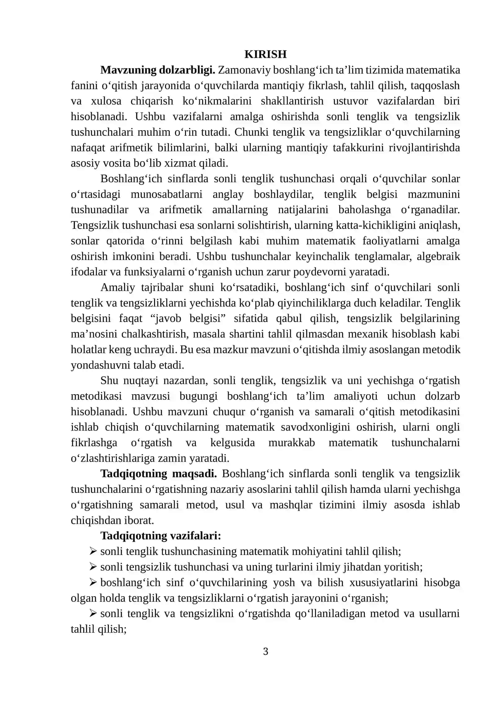 “SONLI TENGLIK, TENGSIZLIK VA UNI YECHISHGA O‘RGATISH METODIKASI” MAVZUSIDA TAYYORLAGAN KURS ISHI 3