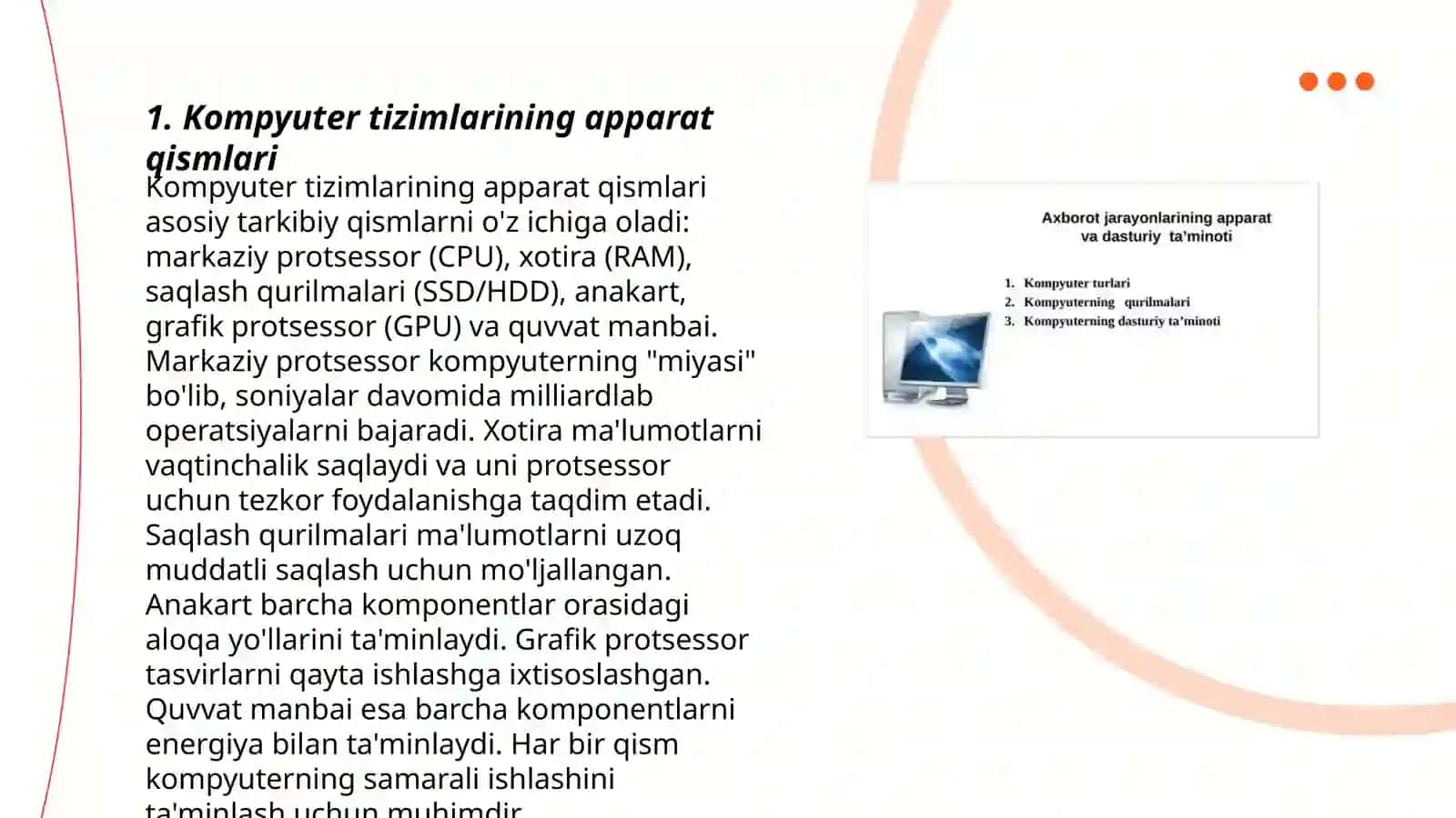 Kompyuter tizimlarining apparat qismlari va dasturiy ta'minoti 3