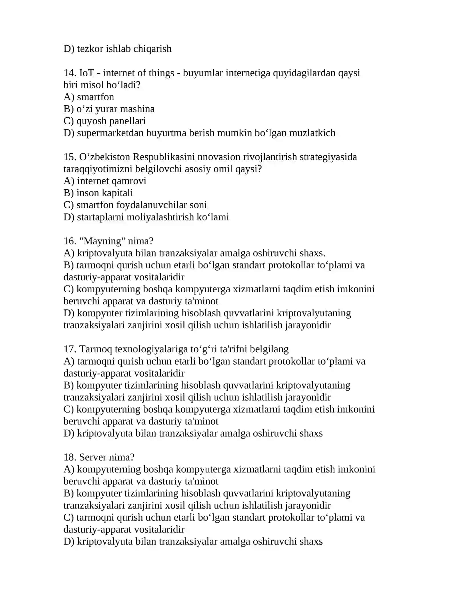Raqamli iqtisodiyot fanidan test savollari 3