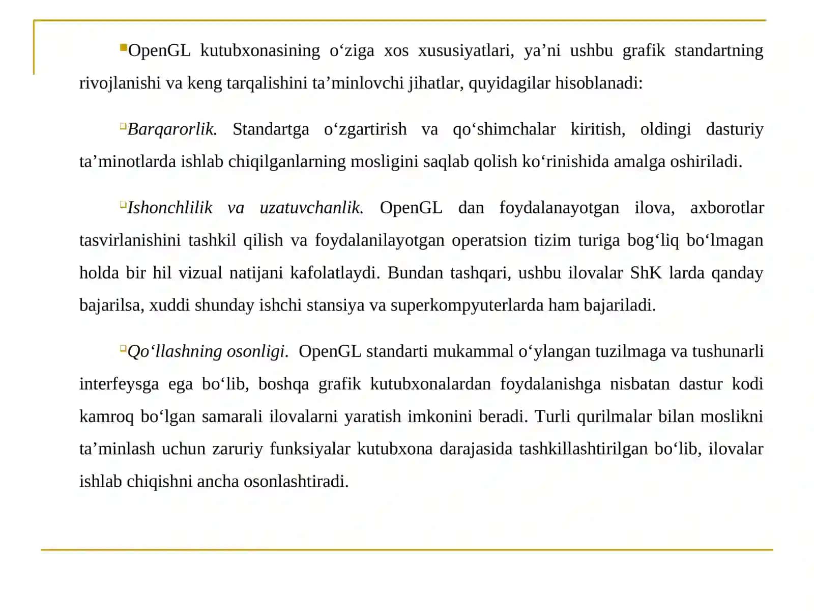 Ma’ruza6.OpenGL grafik kutubxonasi bilan tanishish.OpenGLgrafik modellarni yaratish 3