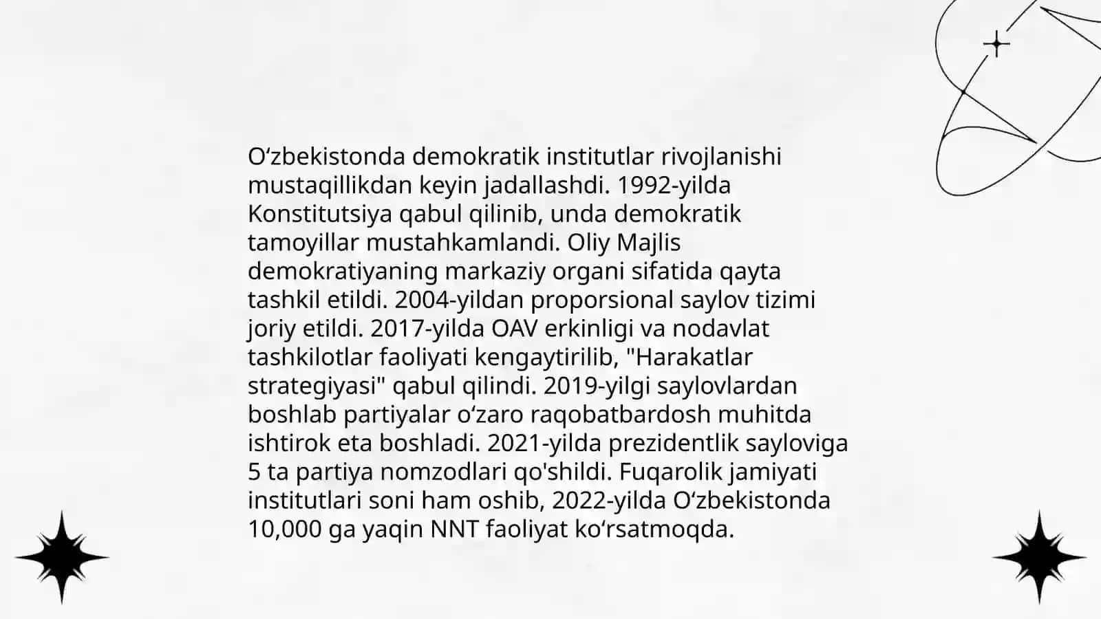 Oʻzbekistonda demokratik islohotlarni yanada chuqurlashtirish va fuqarolik jamiyatini rivojlantirish konspeksiyasi 3