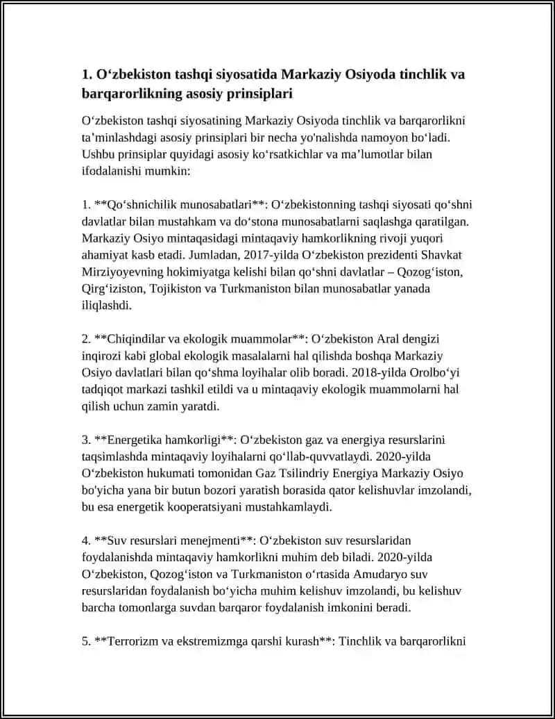 OʻZBEKISTONNING MARKAZIY OSIYODA TINCHLIK VA BARQARORLIKNI TAMINLASHDAGI O'RNI MAVZUSIDA REFARAT TAYYORLASH 3