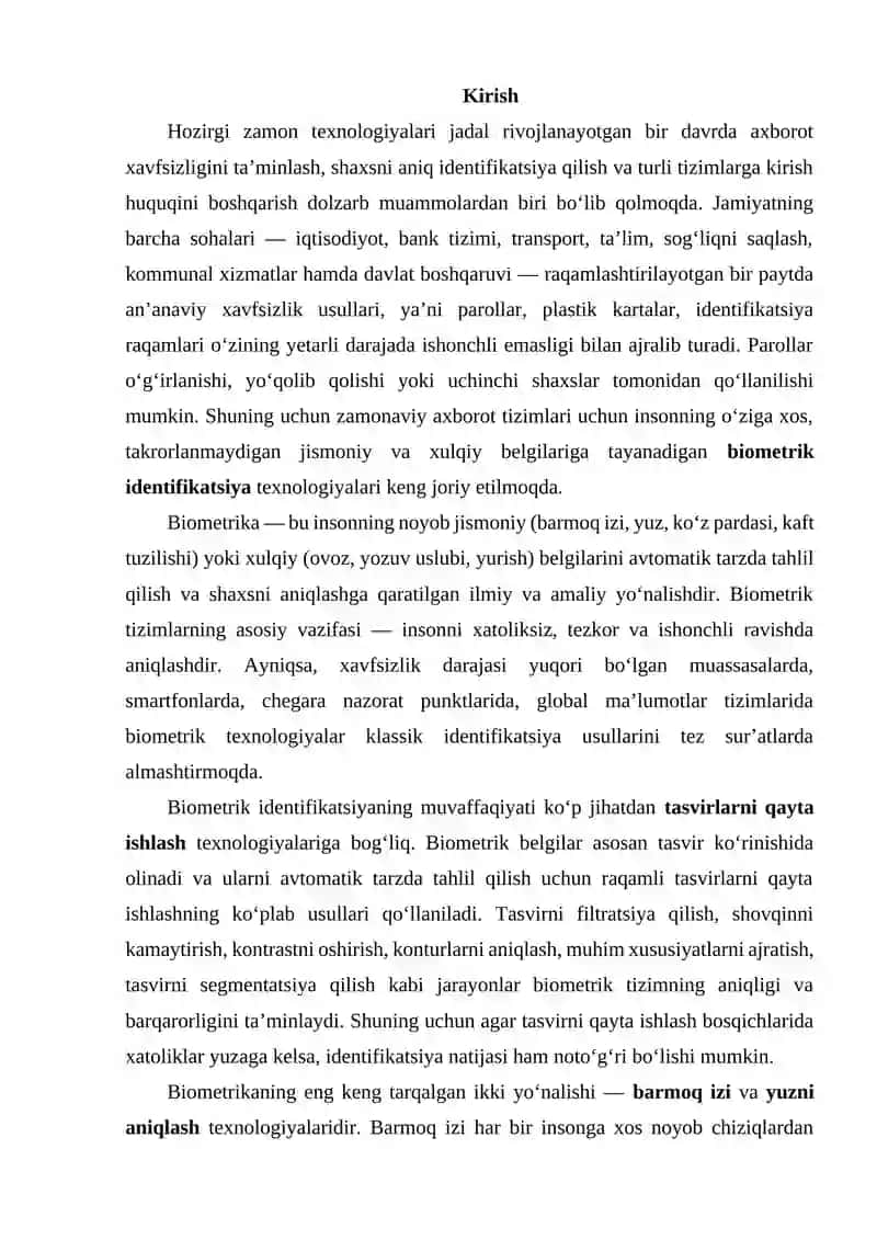 Mustaqil ish. Biometrics: tasvirlarni qayta ishlashda qo‘llanilishi (barmoq izi, yuzni aniqlash). 3