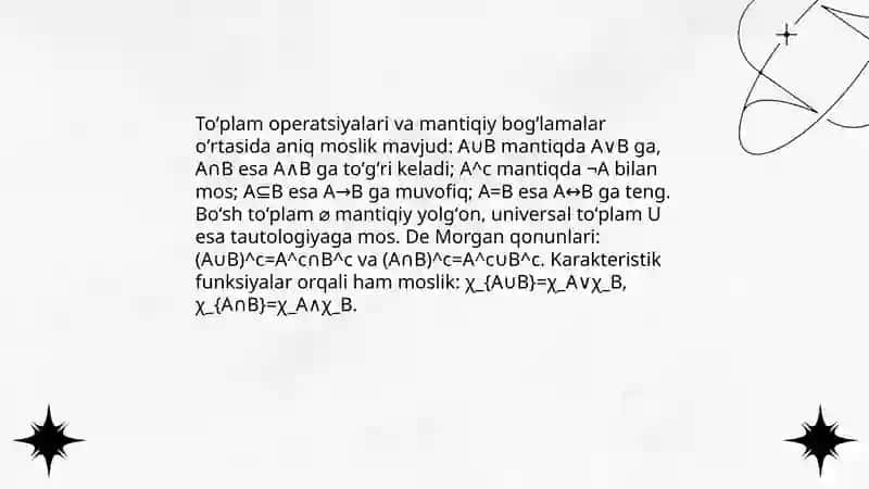 To'plamlar algebrasi mulohazalar algebrasi o'rtasidagi munosabat 3