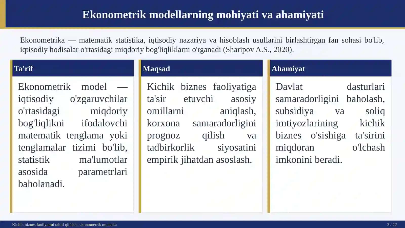 Kichik biznes va xususiy tadbirkorlik sub'ektlari faoliyatini tahlil qilishda ekonometrik modellaridan foydalanish 3
