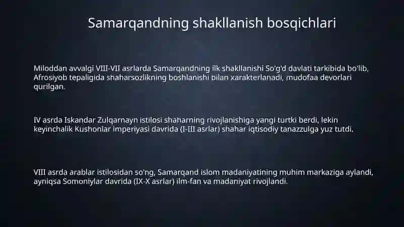 SAMARQANDNING JAHON SIVILIZATSIYASIDA TUTGANOʻRNI: SHAHARNING SHAKLLANISH VA TARAQQIYOT BOSQICHLARI 3