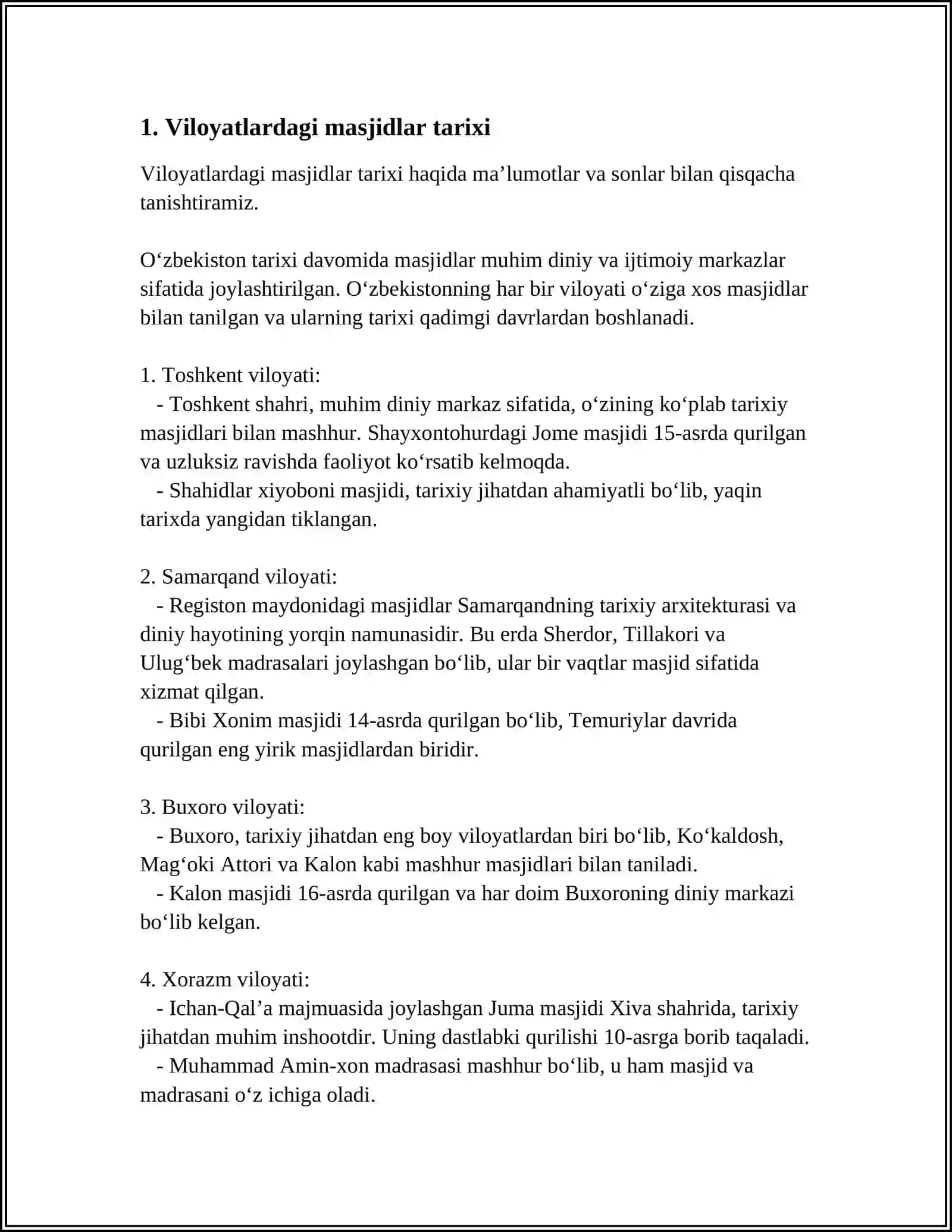 TALABALAR BILAN OʻZBEKISTONDAGI DINIY TASHKILOTLARGA BORISH (VILOYATLAR DOIRASIDA MASJIT) 3