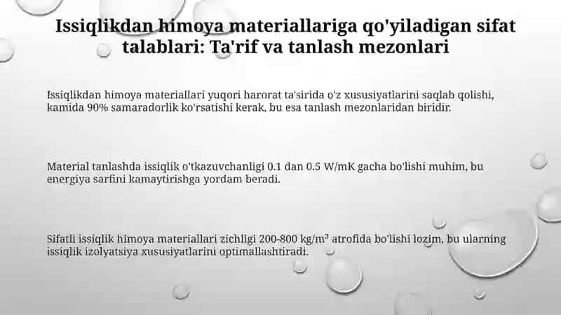 Issiqlik himoyalovchi materiallarning sifati uchun qoyiladigan talablar 3
