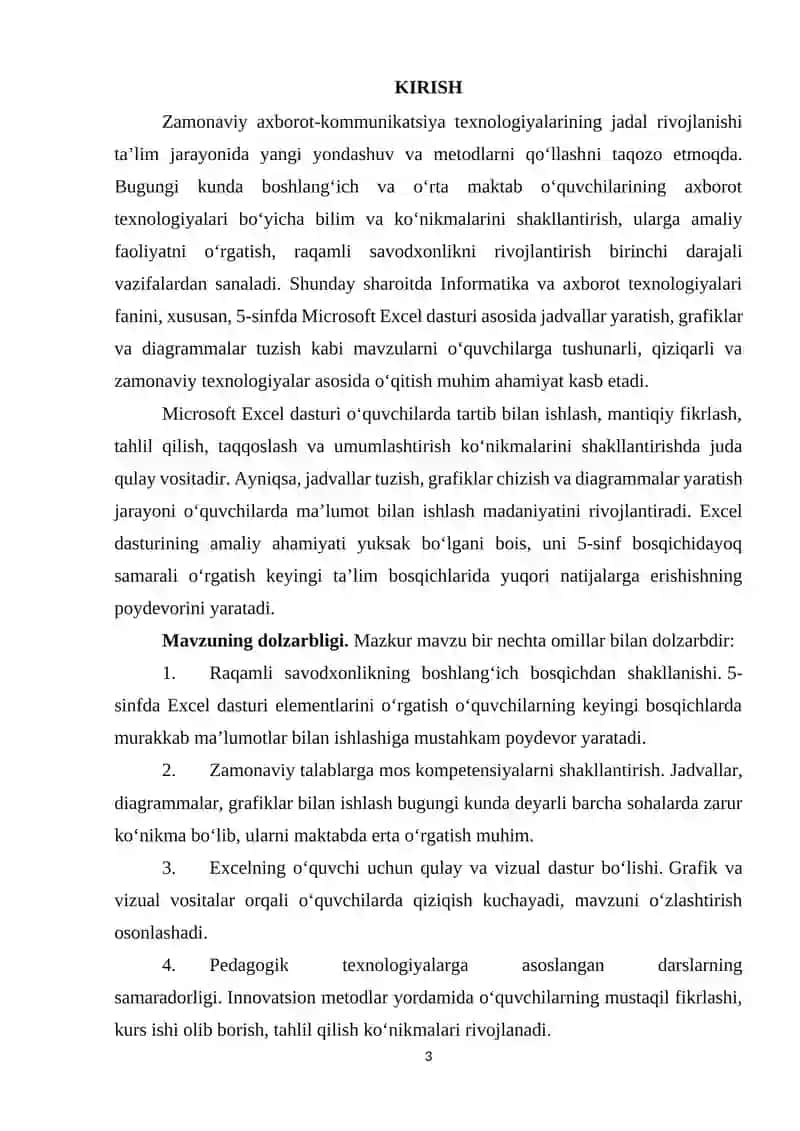 Umumiy o'rta talim maktablarining 5-sinfida Informatika va AT fanidan “Jadvallar yaratishda Microsoft Excel dasturidan foydalanish. Grafika. Diagramma va unga maʼlumotlar kiritish” mavzularni o‘qitishda zamonaviy texnologiyalardan foydalanish 3