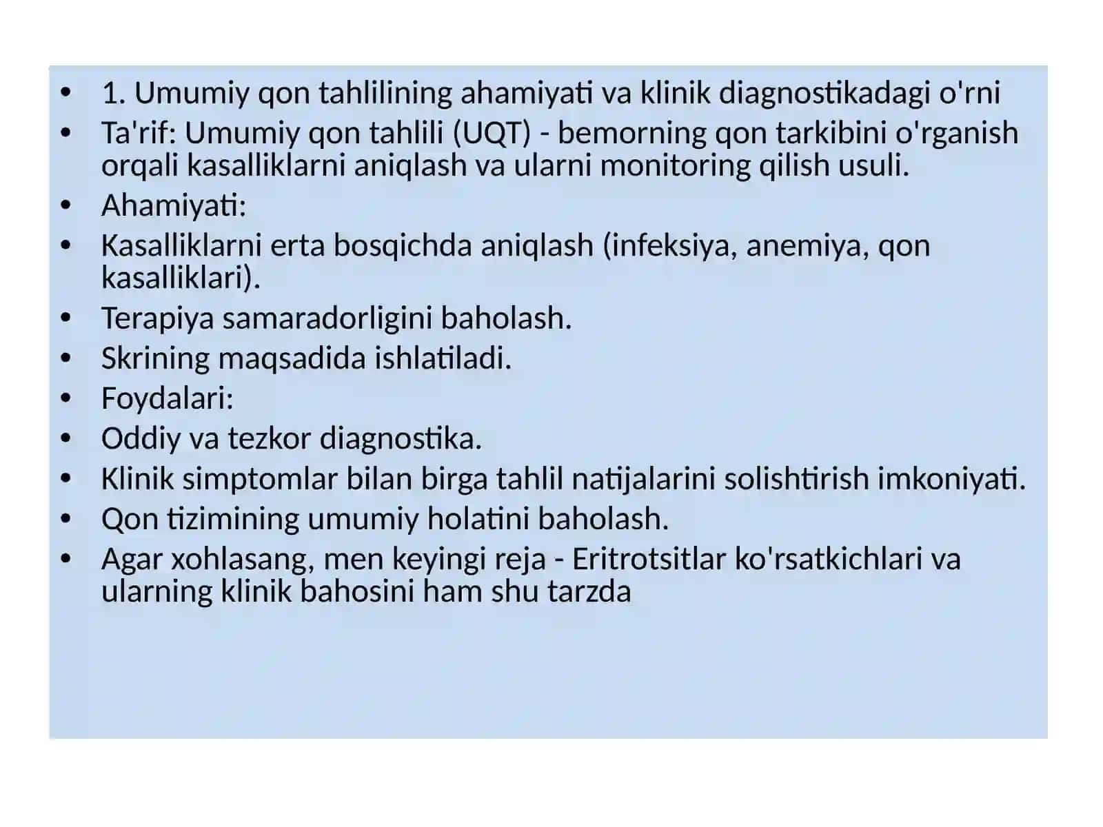DI 23/4Fan:Ichki kasalliklar propedevtikasiUmumiy qon taxlilining interpretatsiyasi 3