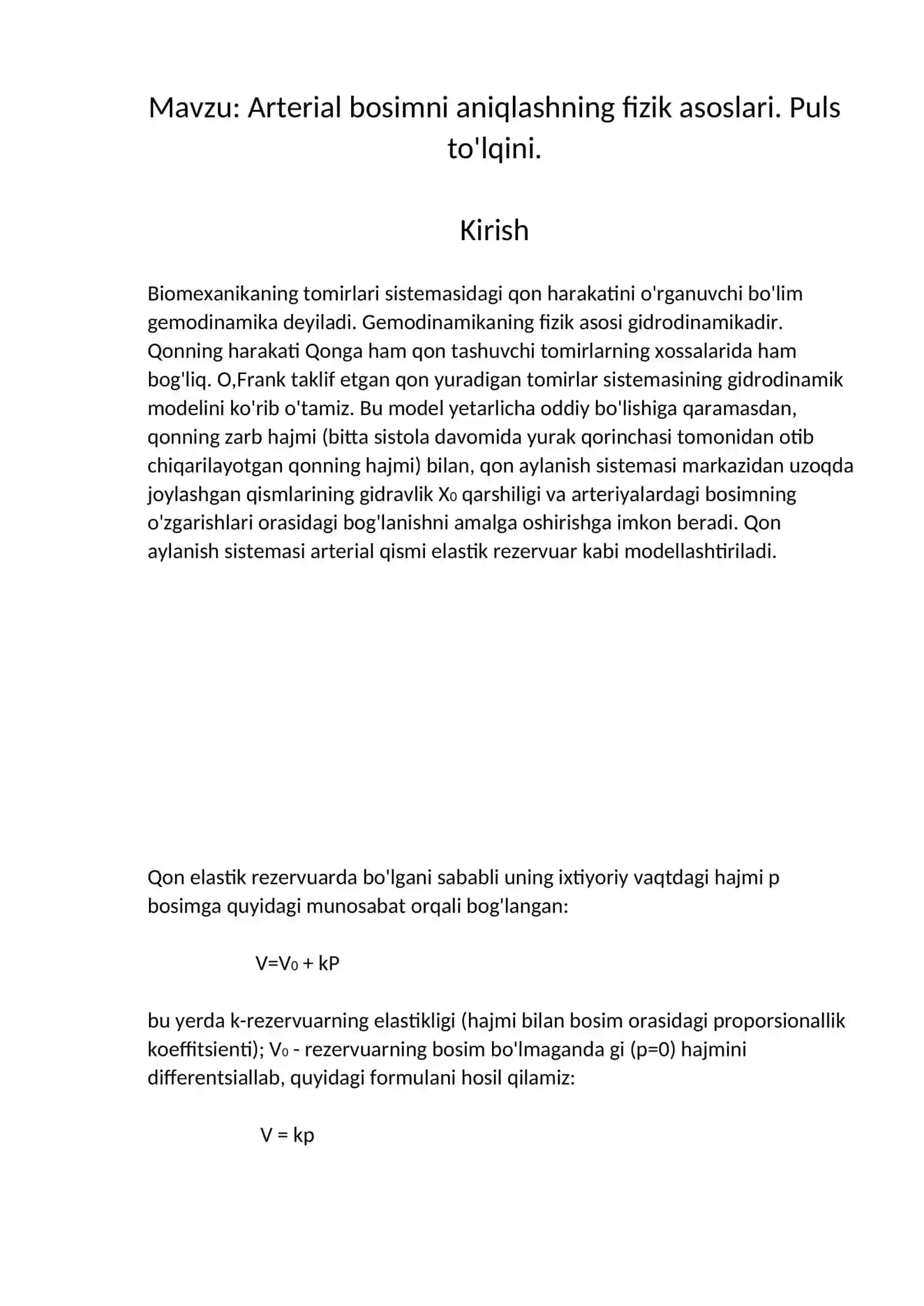 Arterial bosimni aniqlashning fizik asoslari. Puls to'lqini 3