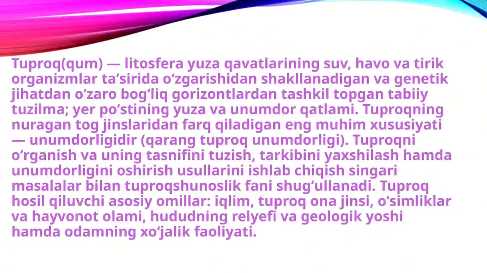 Tuproq va uning xususiyatlari. o'simlik turkumlari, hayvonlarning yashash tarzi va ko'payishi, ob-havo elementlari. 3