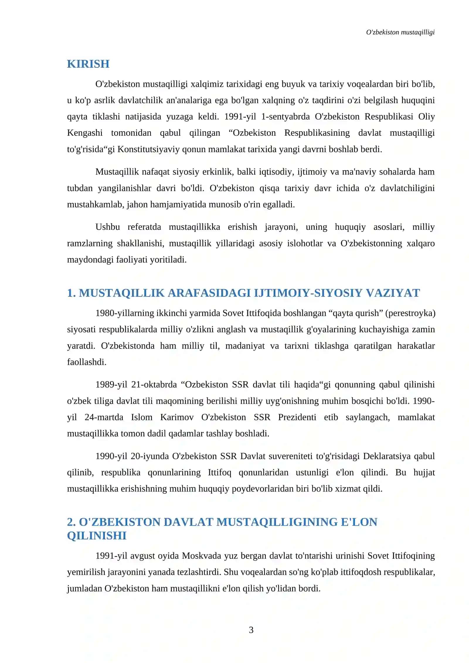 Referat OʻZBEKISTON mustaqilligi haqida 3