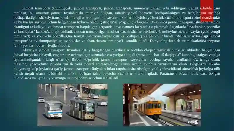 Shahar jamoat transporti turlarining xususiyatlari 3