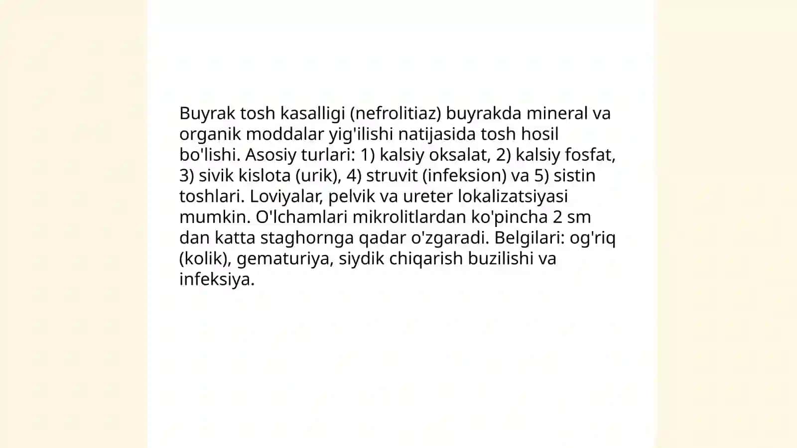 Buyrak tosh kasalliklari kelib chiqish sabablari va davolash Abdullayev Abror 3