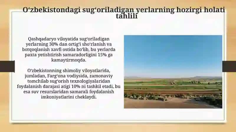Oʻzbekistonda sugʻoriladigan yerlarning hozirgi holatini tahlil qilish 3