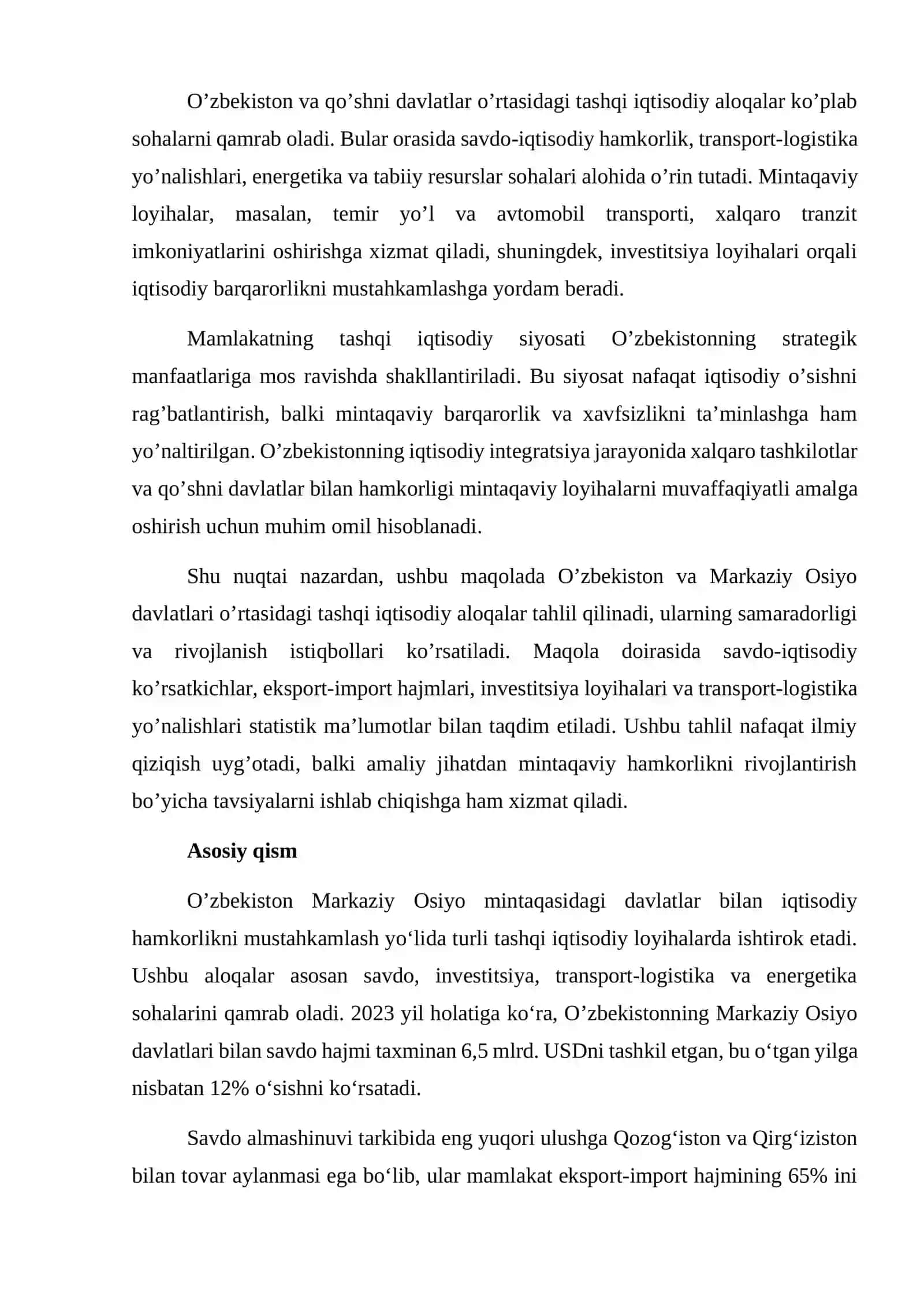 Oʻzbekiston – Markaziy Osiyo mamlakatlari bilan tashqi iqtisodiy aloqalari 3