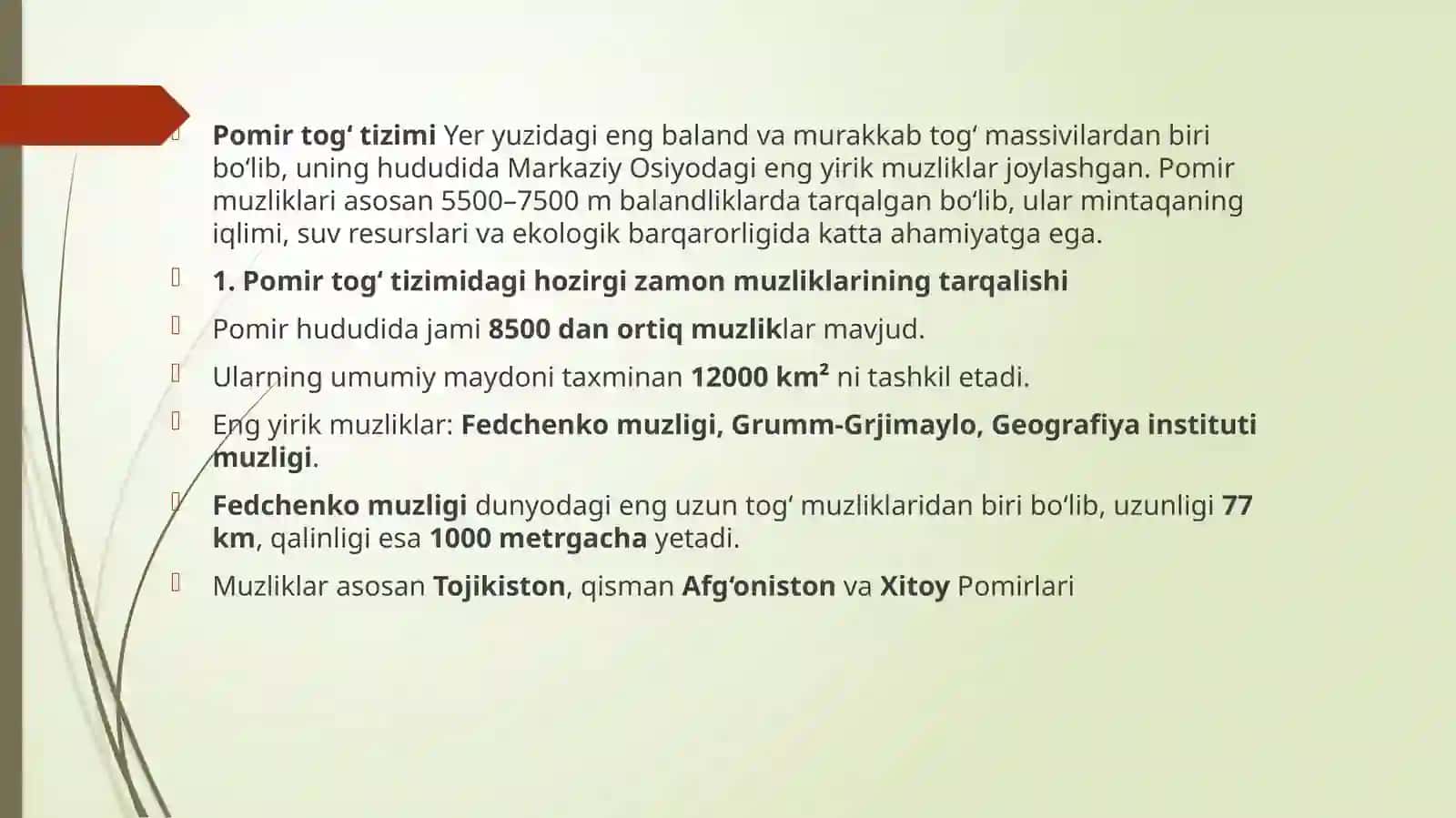 Pomir tog‘ tizimidagi hozirgi zamon muzliklarining shakllanishi va tarqalishi 3
