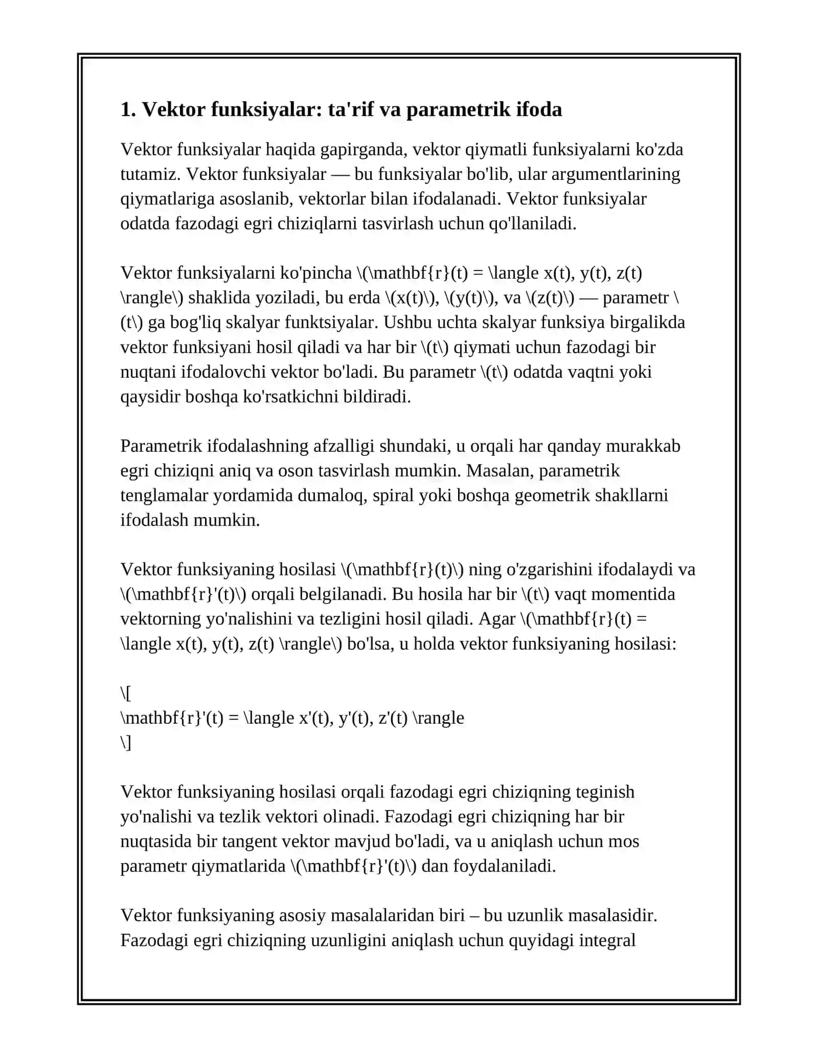 VEKTOR FUNKSIYALAR VA FAZODAGI EGRI CHIZIQLARI 3
