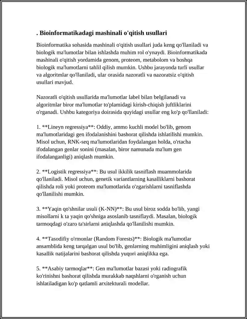 BIOINFORMATIKA VA BIOMEXANIKA FANIDAN MUSTAQIL ISH 3