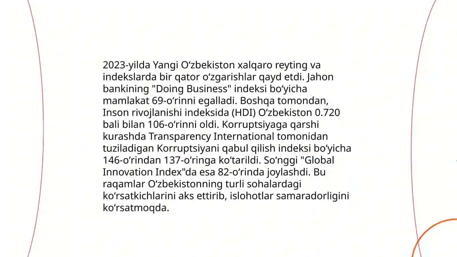 Yangi Oʻzbekiston ijtimoiy -siyosiy, iqtisodiy va madaniy hayotida roʻy berayotgan oʻzgarishlarning xalqaro reyting va indekslarda aks etishi 3