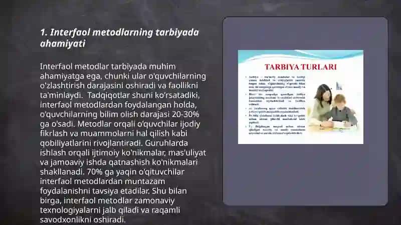 Tarbiya metodlari va vositalari. Tarbiya fanini oʻqitishda interfaol metodlardan foydalanish 3