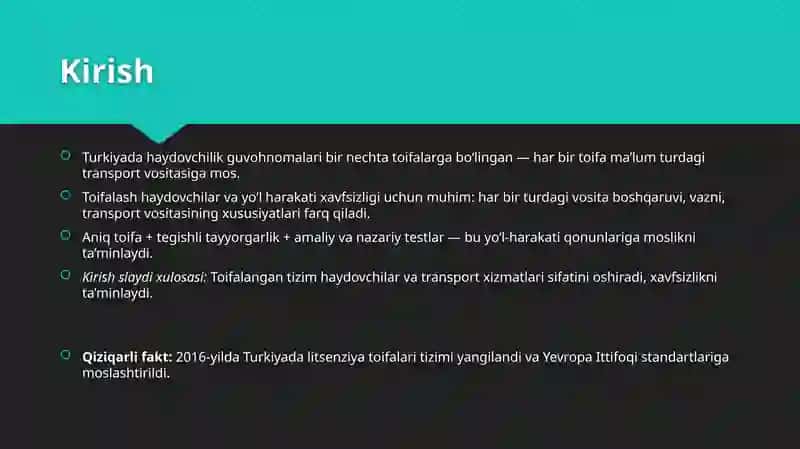 Avtomototransport Vositalari Haydovchilarini Tayyorlash va Qayta Tayyorlash Toifalari 3