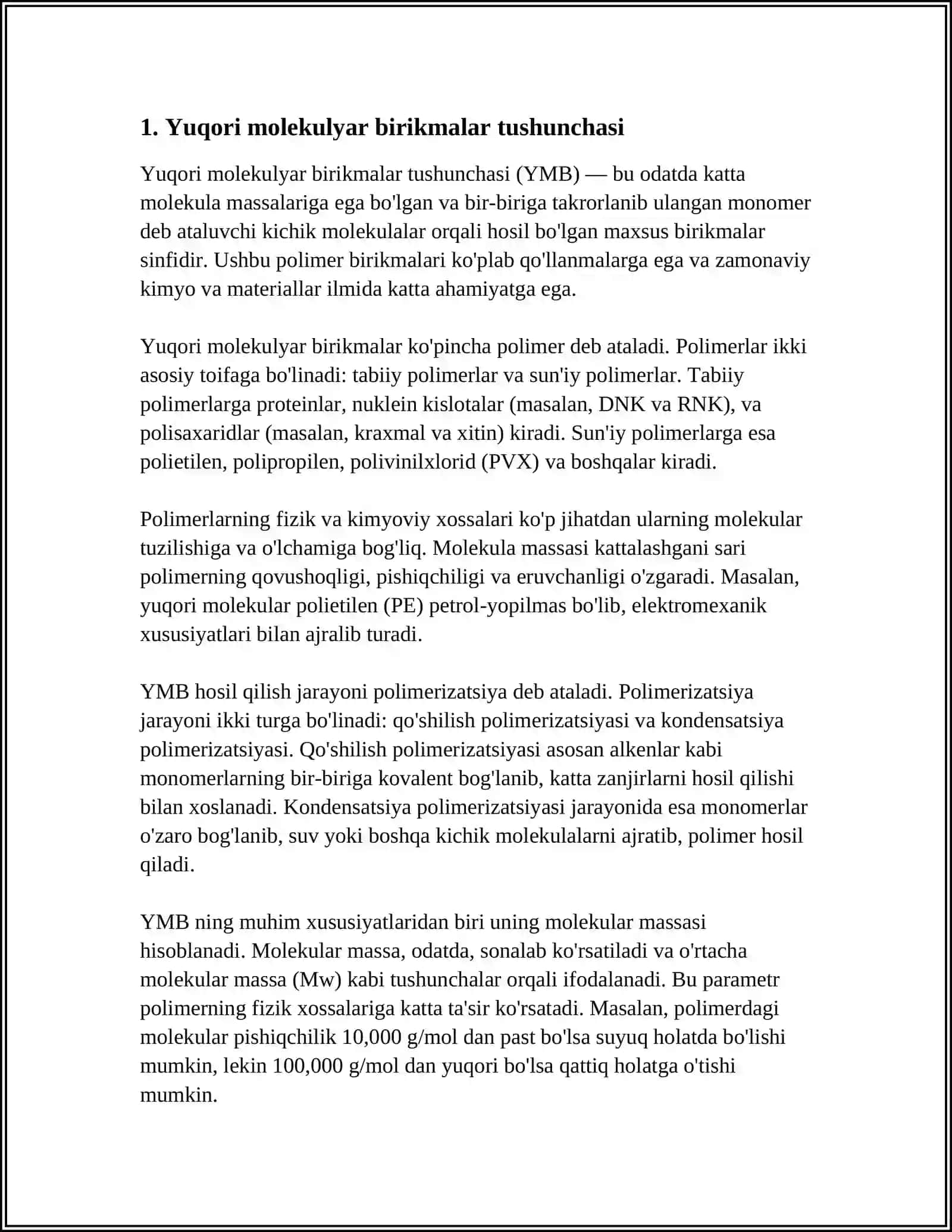 YUQORI MOLEKULYAR BIRIKMALAR POLIMERLAR SOPOLIMERLAR OLIGOMERLAR MONOMERLAR TUSHUNCHASI. BU TUSHUNCHALAR ORASIDAGI BOGʻLIQLIK 3