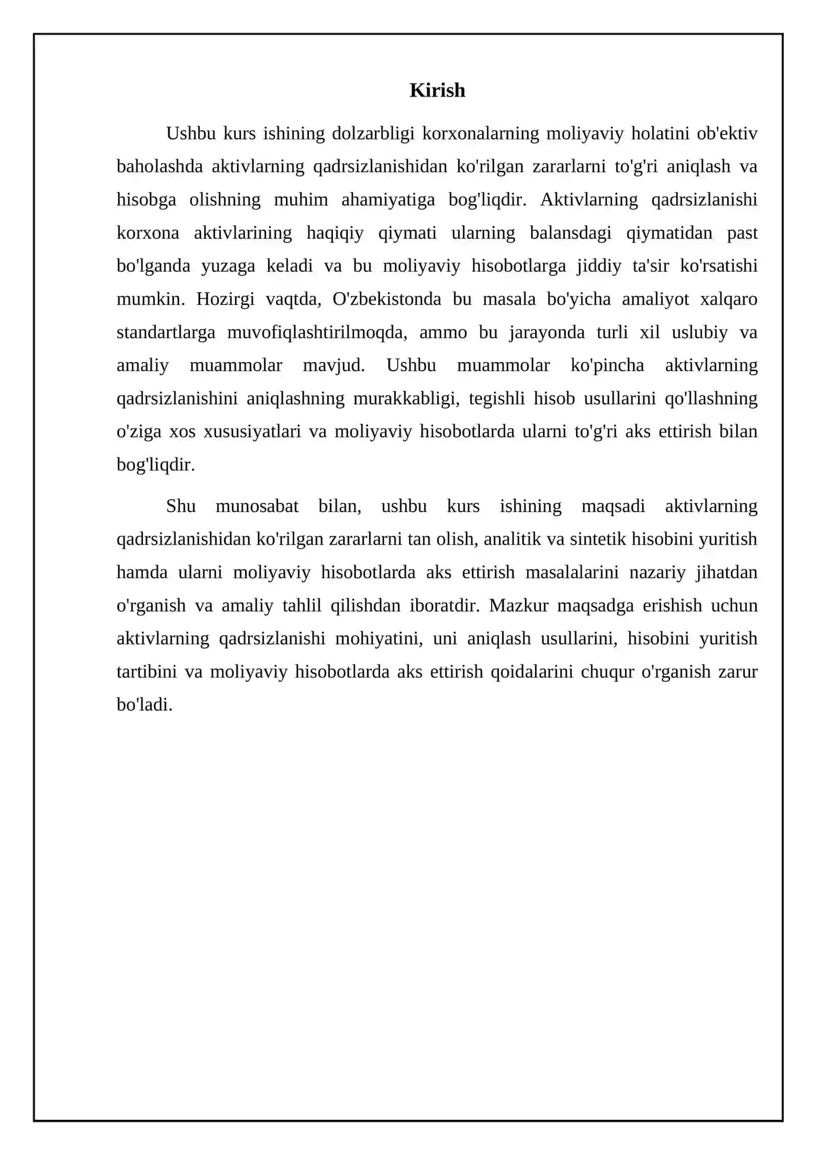 Aktivlarning qadrsizlanishidan ko'rilgan zararni tan olish, analitik, sintetik hisobini yuritish va moliyaviy hisobotlarda aks ettirish 3