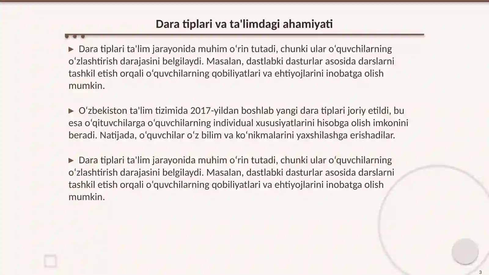 Asosiy dara tiplari o‘qituvchining darsga tayyorlanish tizimi 3