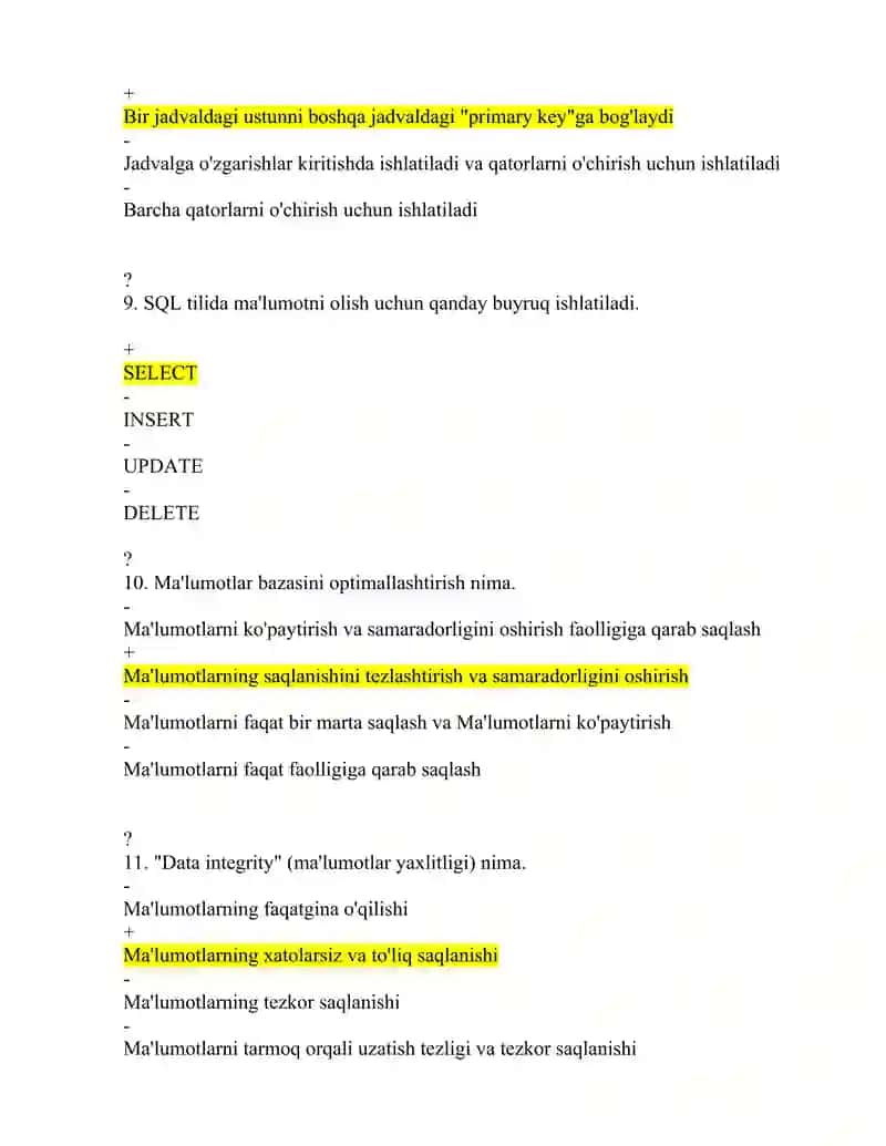 Ma'lumotlar bazasi fanidan yakuniy savolari va javoblari 3
