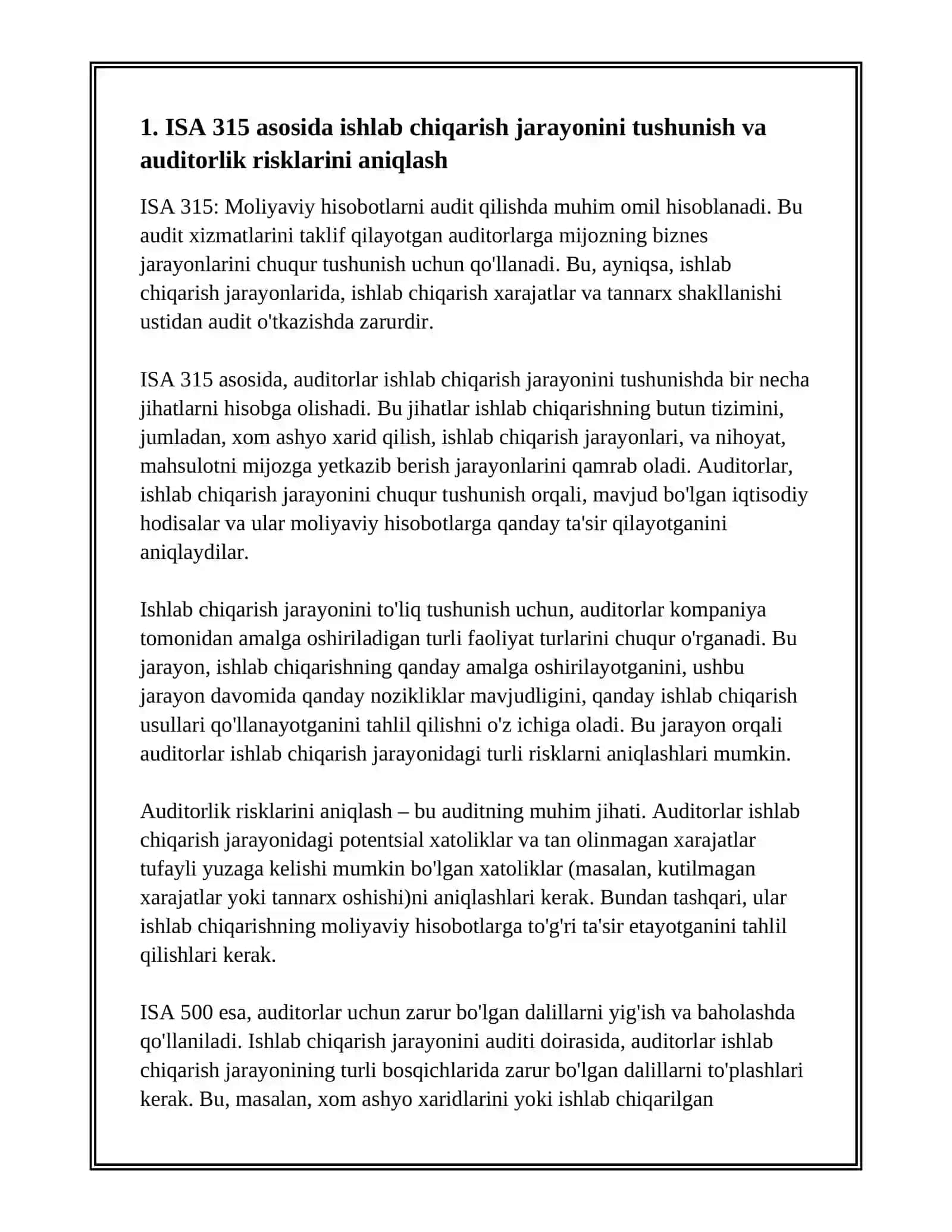 ISHLAB CHIQARISH JARAYONI AUDITI: ISHLAB CHIQARISH XARAJATLARI VA TANNARX SHAKLLANISHI USTIDAN XALQARO YONDASHUVLAR (ISA 315 VA ISA 500 ASOSIDA) 3