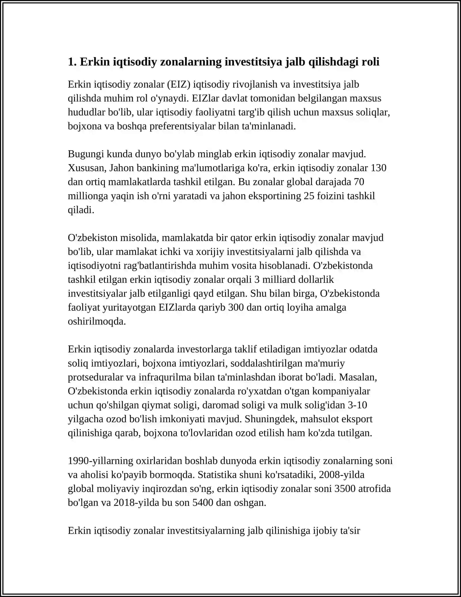 MUSTAQIL ISH Mavzu: IQTISODIYOTGA INVESTITSIYANI JALB QILISHDA ERKIN IQTISODIY ZONALARNING O'RNI 3