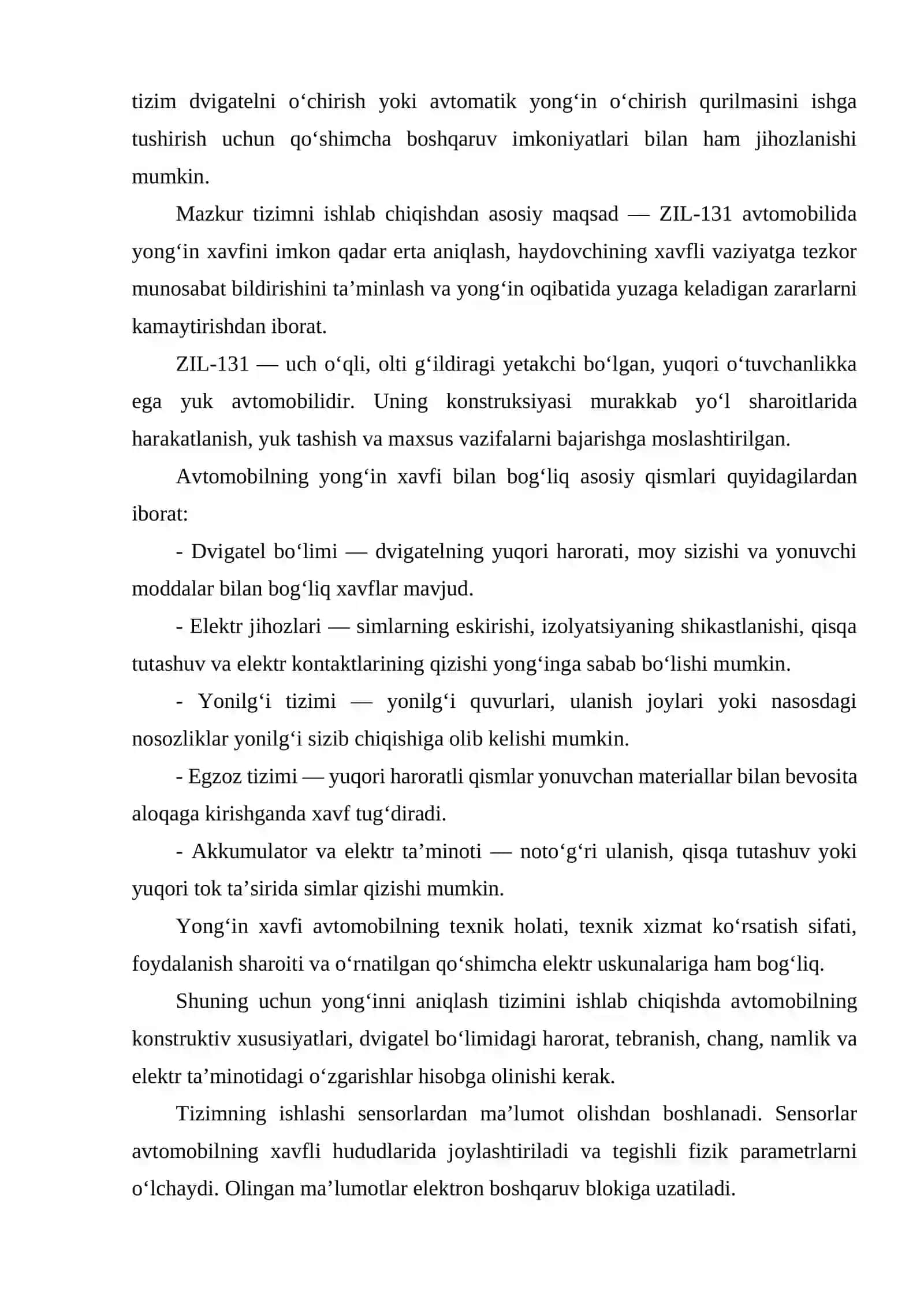 ZIL-131 RUSUMLI AVTOMOBILNING YONG‘INNI ERTA ANIQLASH VA OGOHLANTIRISH TIZIMINI ISHLAB CHIQISH 3