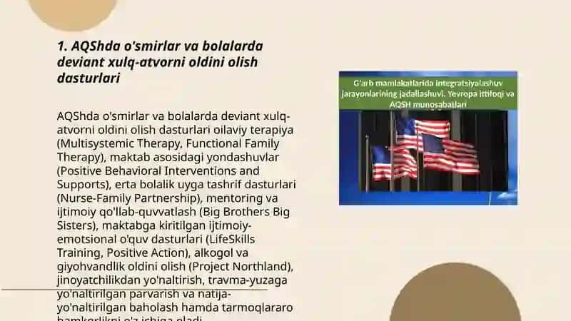 AQSh va Ğarbiy Yevropa mamlakatlarida deviant xulq atvor ōsmirlar va bolalar bilan ijtimoiy ish Taqdimod 3