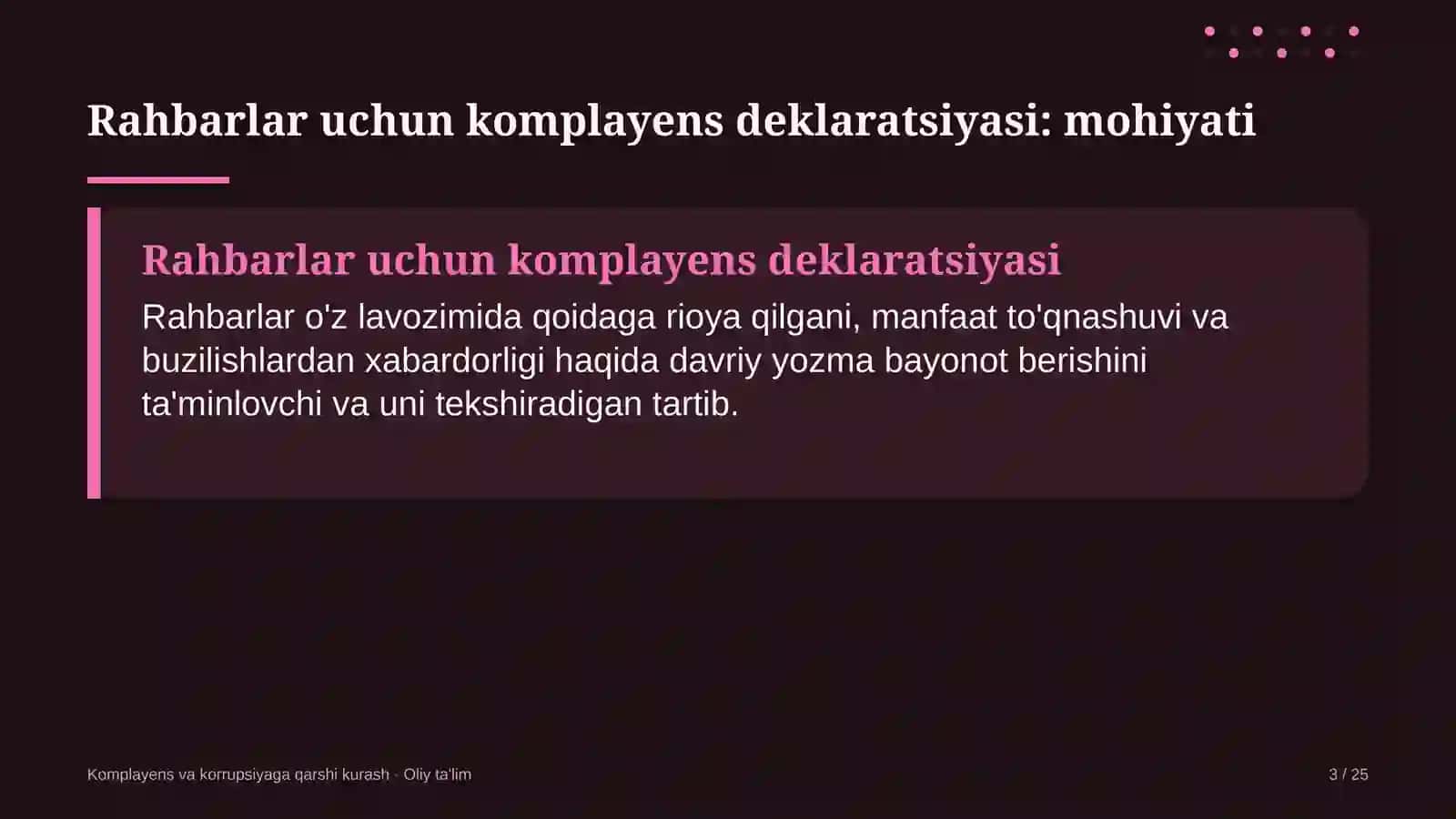 Korxonalarning yuridik xizmatlarida rahbarlar uchun komplayens deklaratsiyasini joriy etish 3