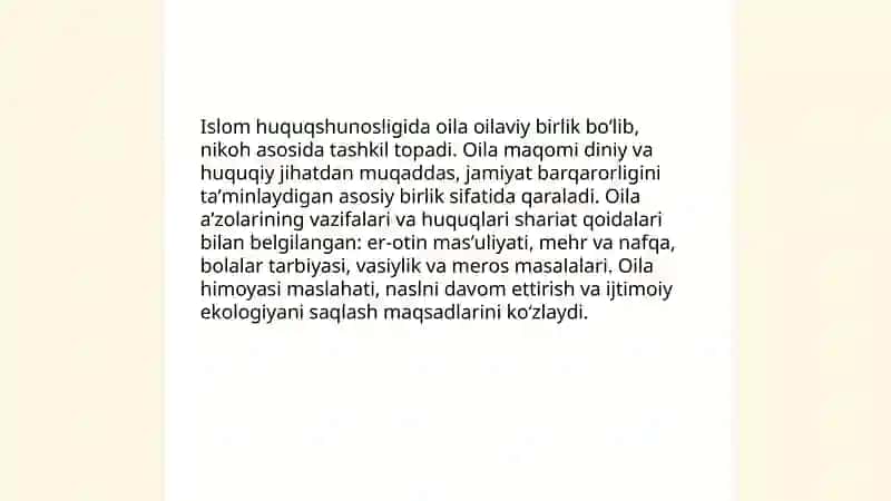 Islom huquqshunosligida oila, nikoh, taloq, idda, zihor tushunchalarini taʼriflash va taqdimot tayyorlash 3