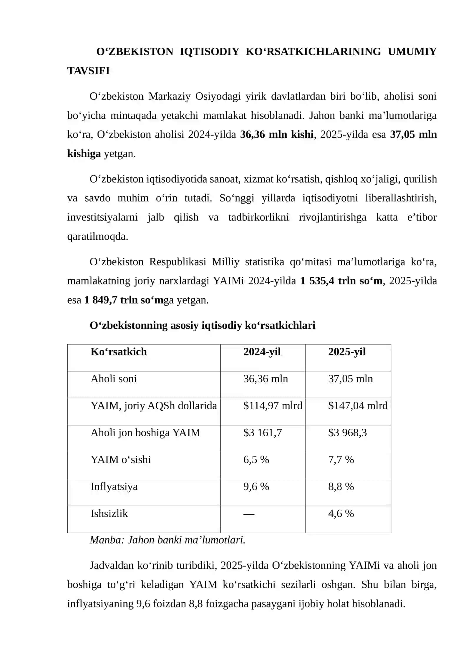 O‘ZBEKISTON VA JAHON MAMLAKATLARIDA IQTISODIY KO‘RSATKICHLARNI JADVAL VA GRAFIKLAR ASOSIDA TAHLIL QILISH 3