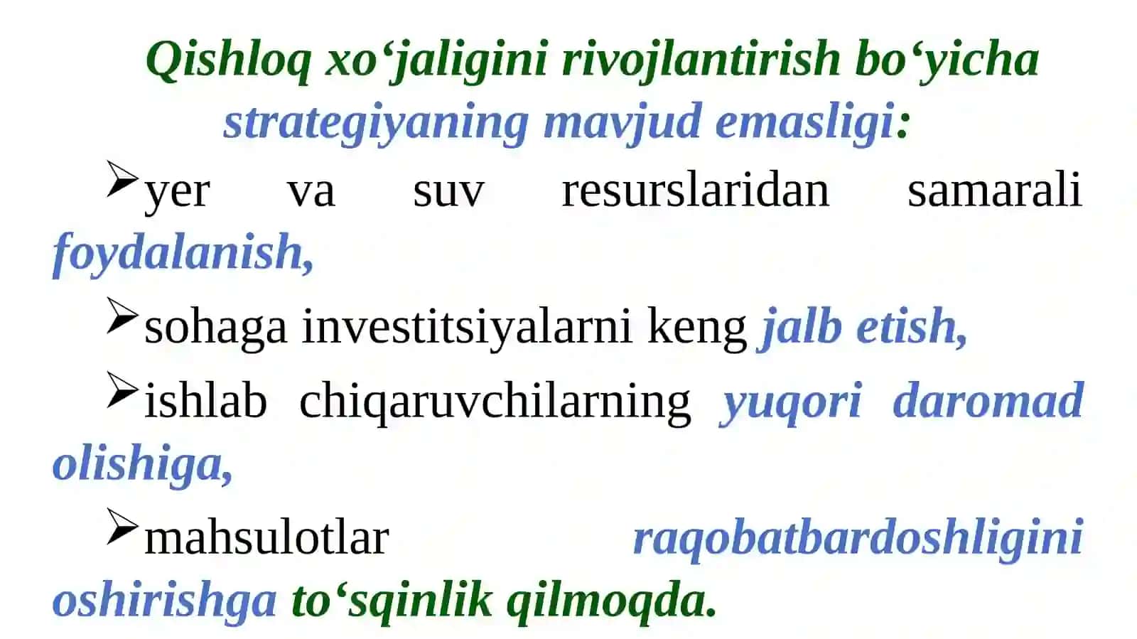 “O‘zbekiston Respublikasi qishloq xo‘jaligini rivojlantirishning 2020 — 2030-yillarga mo‘ljallangan strategiyasi” 3