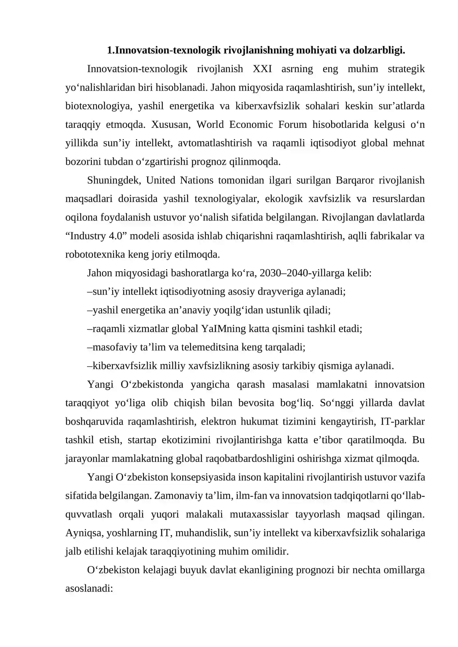 INNAVATSION-TEXNOLOGIK RIVOJLANISHNING JAHON MIQYOSIDAGI BASHORATLARI. YANGI ÕZBEKISTONDA YANGICHA QARASH. O’ZBEKISTON KELAJAGI BUYUK DAVLAT EKANLIGINING PROGNOZI. 3