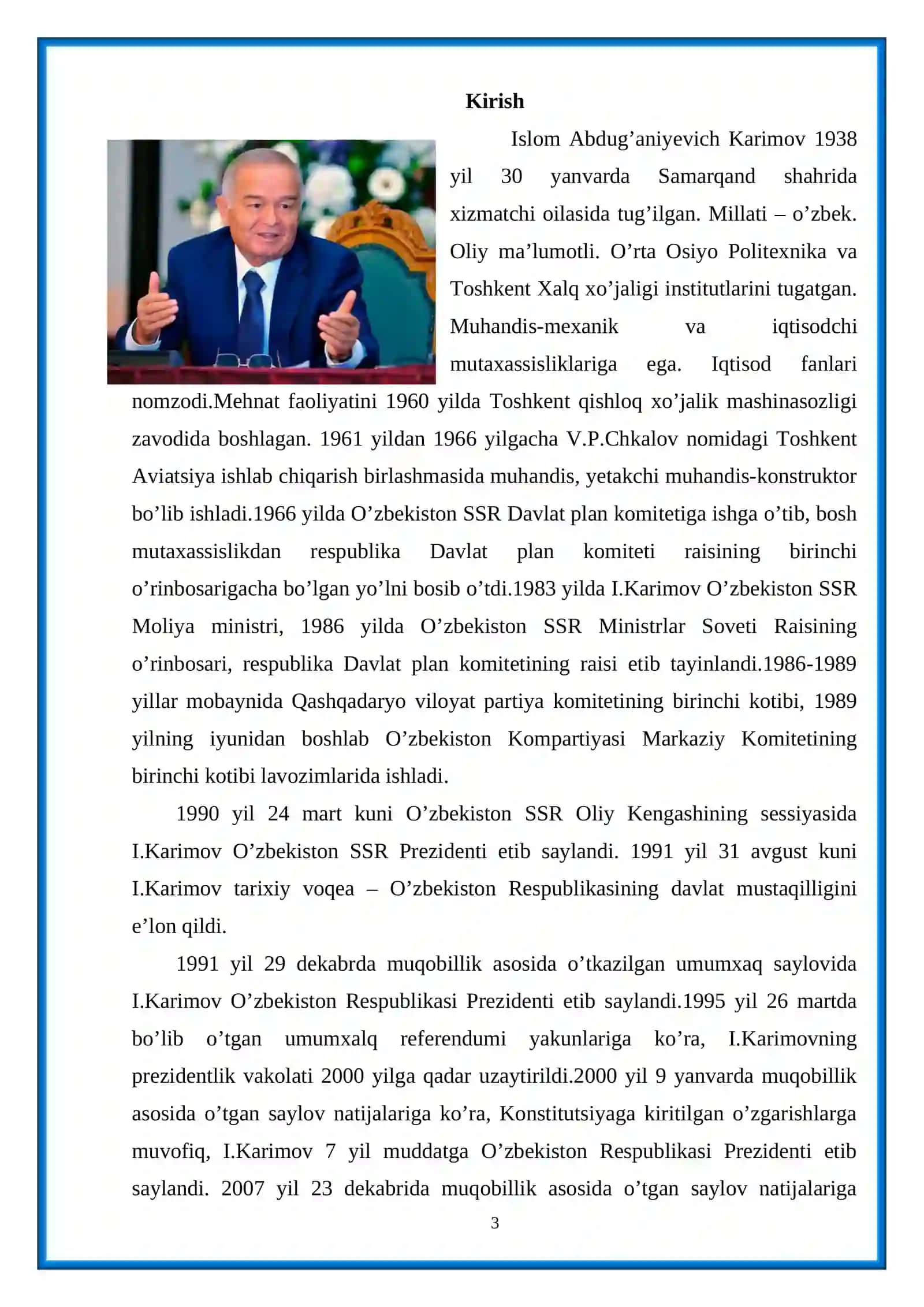 Mustaqil O‘zbekiston davlatining yuzaga kelishi va mustahkamlanishida I. Karimovning tarixiy hizmatlari 3