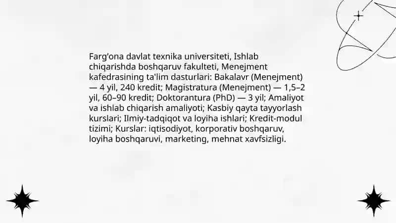 Farĝona davlat texnika universiteti Ishlab Chiqarishda boshqaruv fakulteti Menejment kafedrasi 3