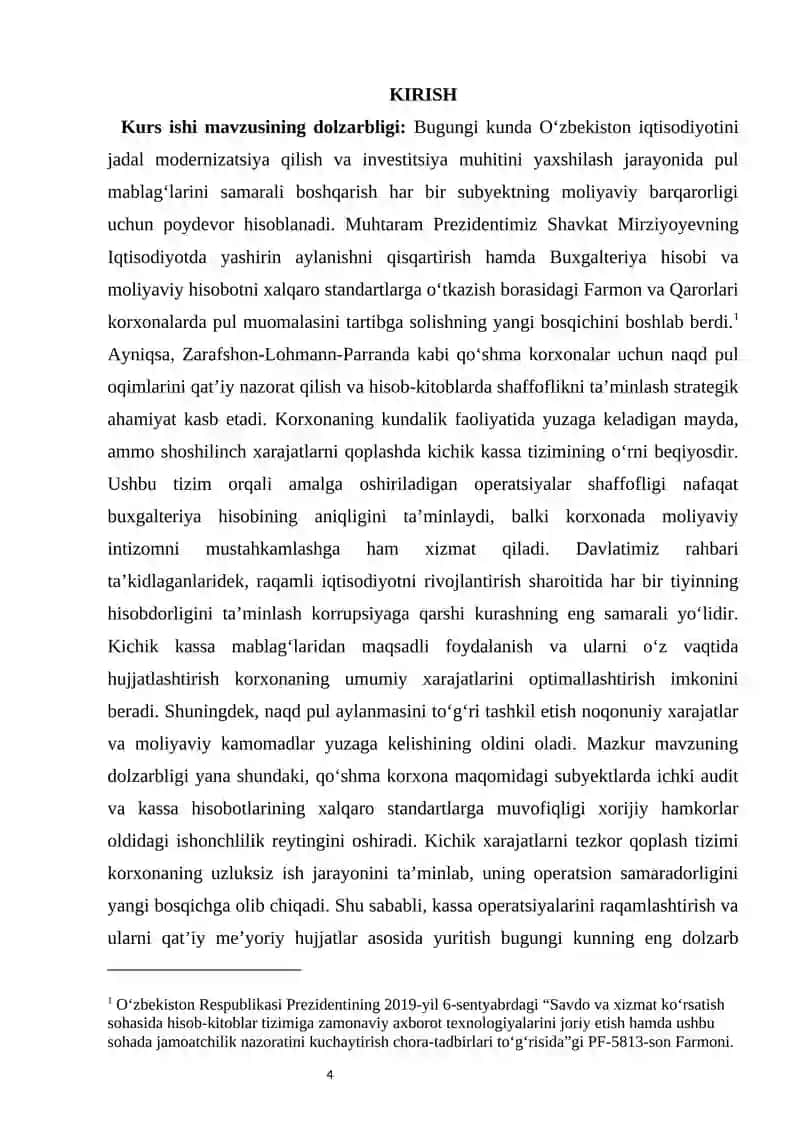 Kichik kassa va kassa hisobotlari “Zarafshon-Lohmann-Parranda” MCHJ Qo‘shma korxona misolida 3